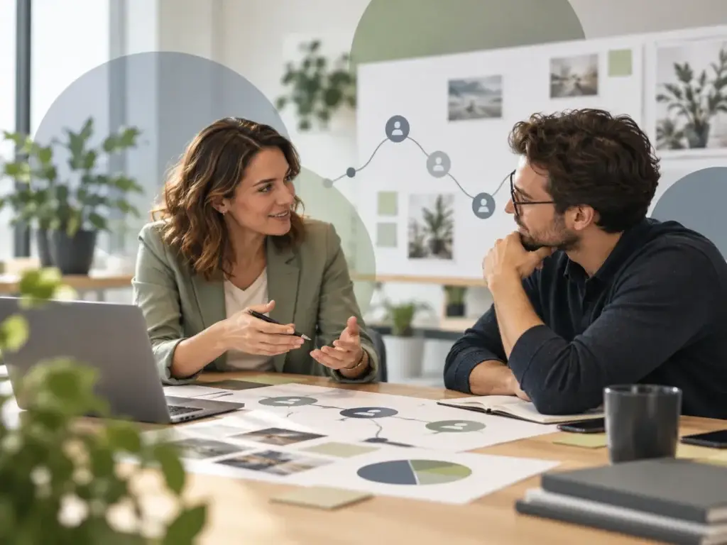 Professionals bespreken klantbehoeften en marketingstrategie binnen een klantgerichte organisatie